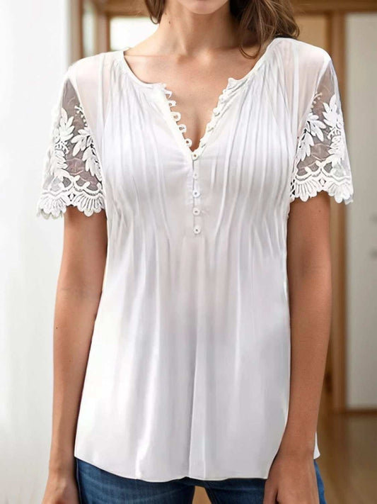 Notched Lace Short Sleeve Top - Trendsi - Flyclothing LLC