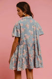 BiBi Floral Print Washed Lightweight Tiered Shirt Dress - Trendsi - Flyclothing LLC