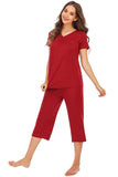 V-Neck Short Sleeve Top and Pants Lounge Set - Trendsi - Flyclothing LLC