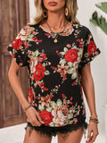 Contrast Round Neck Short Sleeve Blouse - Trendsi - Flyclothing LLC