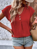 Decorative Button V-Neck Short Sleeve Blouse - Trendsi - Flyclothing LLC