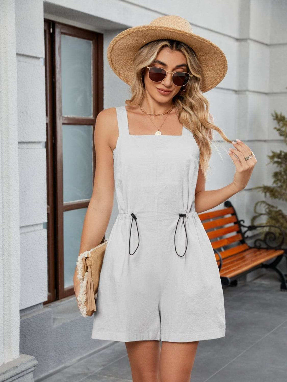 Drawstring Wide Strap Romper with Pockets - Trendsi - Flyclothing LLC