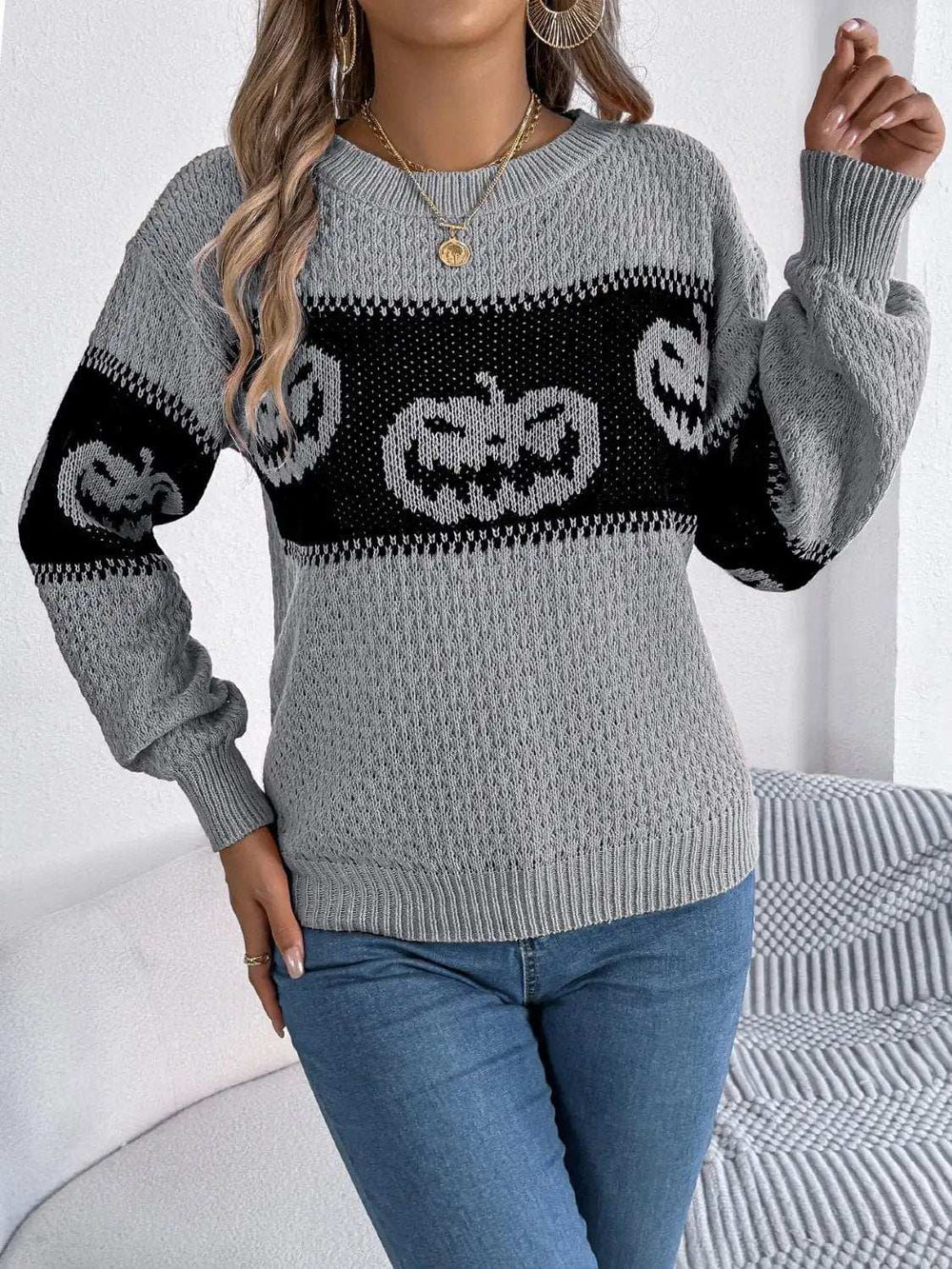 Pumpkin Round Neck Long Sleeve Sweater - Trendsi - Flyclothing LLC