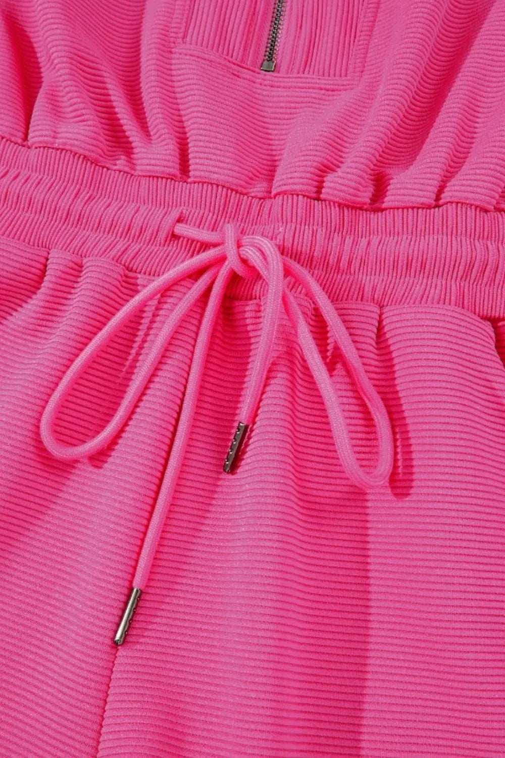 Textured Short Sleeve Half Zip Drawstring Waist Romper - Trendsi - Flyclothing LLC