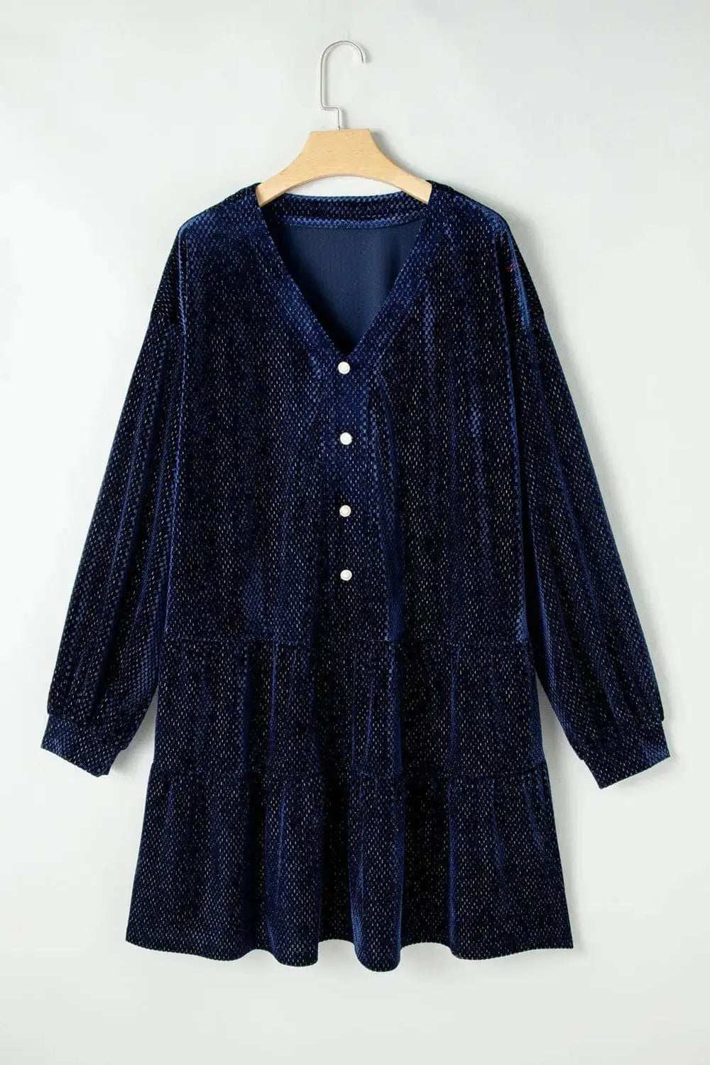 Plus Size Textured Velvet Decorative Button Long Sleeve Dress - Trendsi - Flyclothing LLC