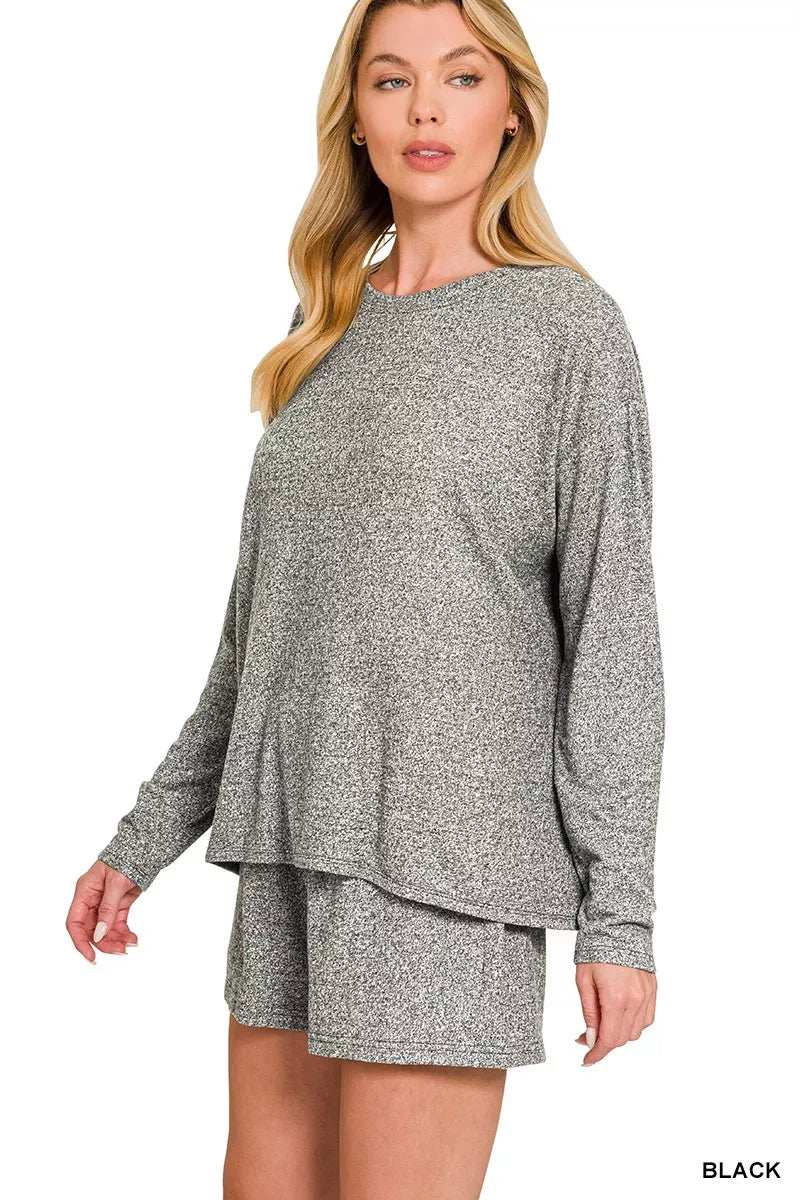 Zenana Soft Melange Long Sleeve Tee and Shorts Set - Trendsi - Flyclothing LLC