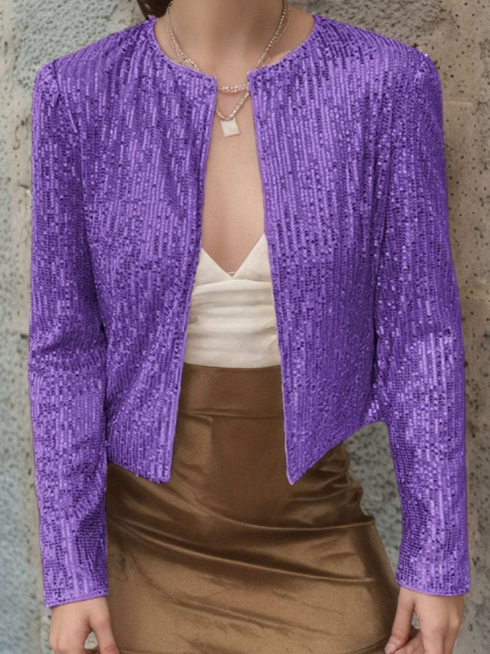 Full Size Sequin Open Front Cropped Jacket - Trendsi - Flyclothing LLC