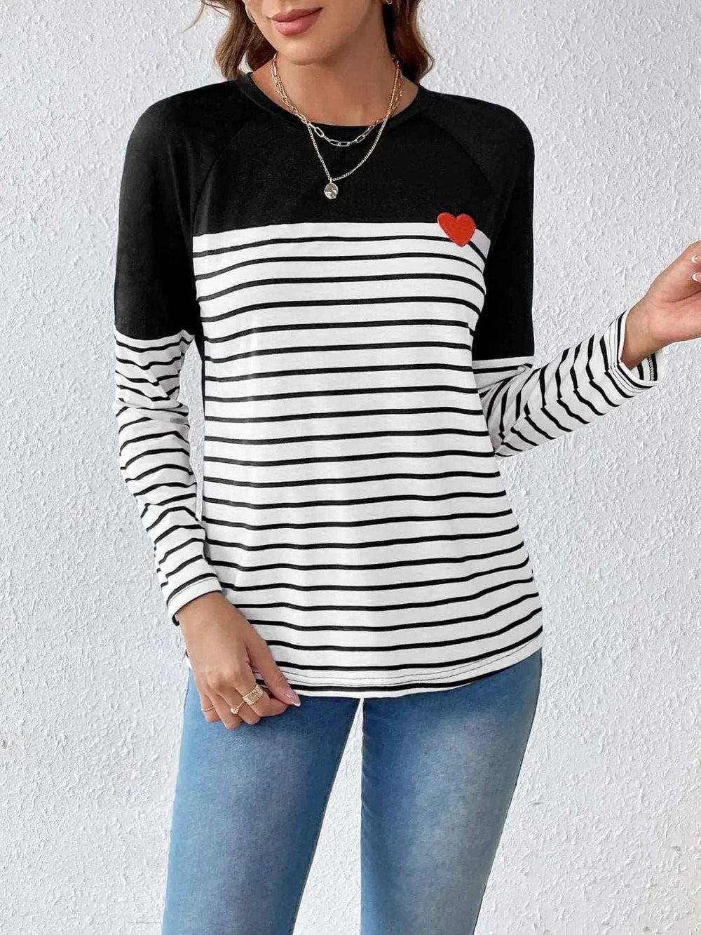 Striped Contrast Round Neck Long Sleeve T-Shirt - Trendsi - Flyclothing LLC