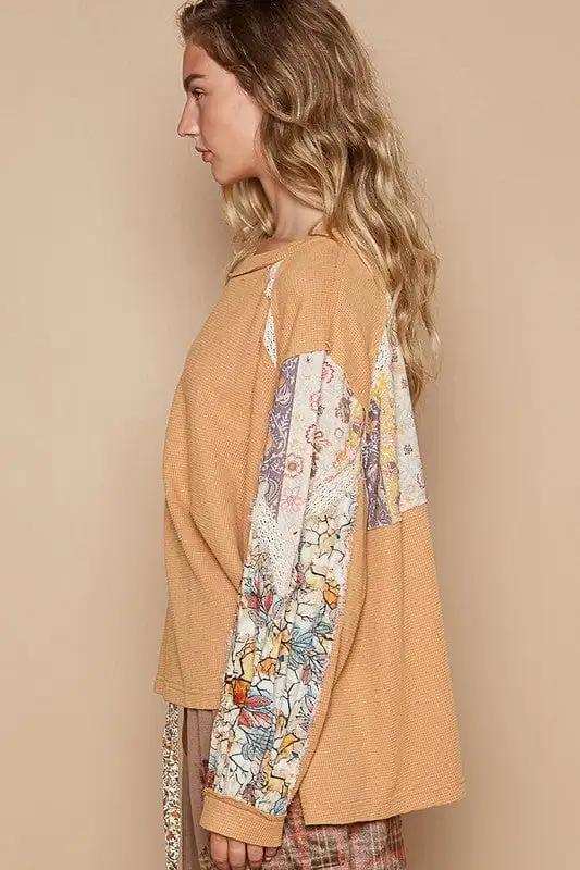 POL Waffle-Knit Lace Detail Round Neck Top - Trendsi - Flyclothing LLC