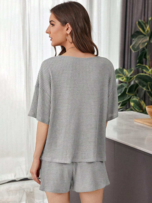 Full Size Waffle-Knit Dropped Shoulder Top and Shorts Set - Trendsi - Flyclothing LLC