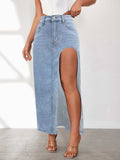 High Rise Slit Denim Skirt - Trendsi - Flyclothing LLC