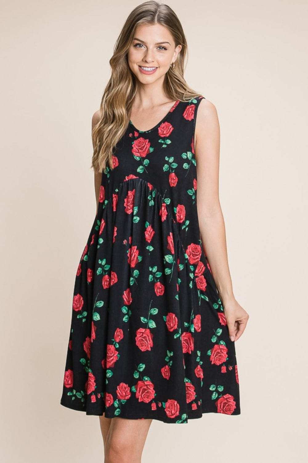 BOMBOM Floral Ruched Tank Dress - Trendsi - Flyclothing LLC