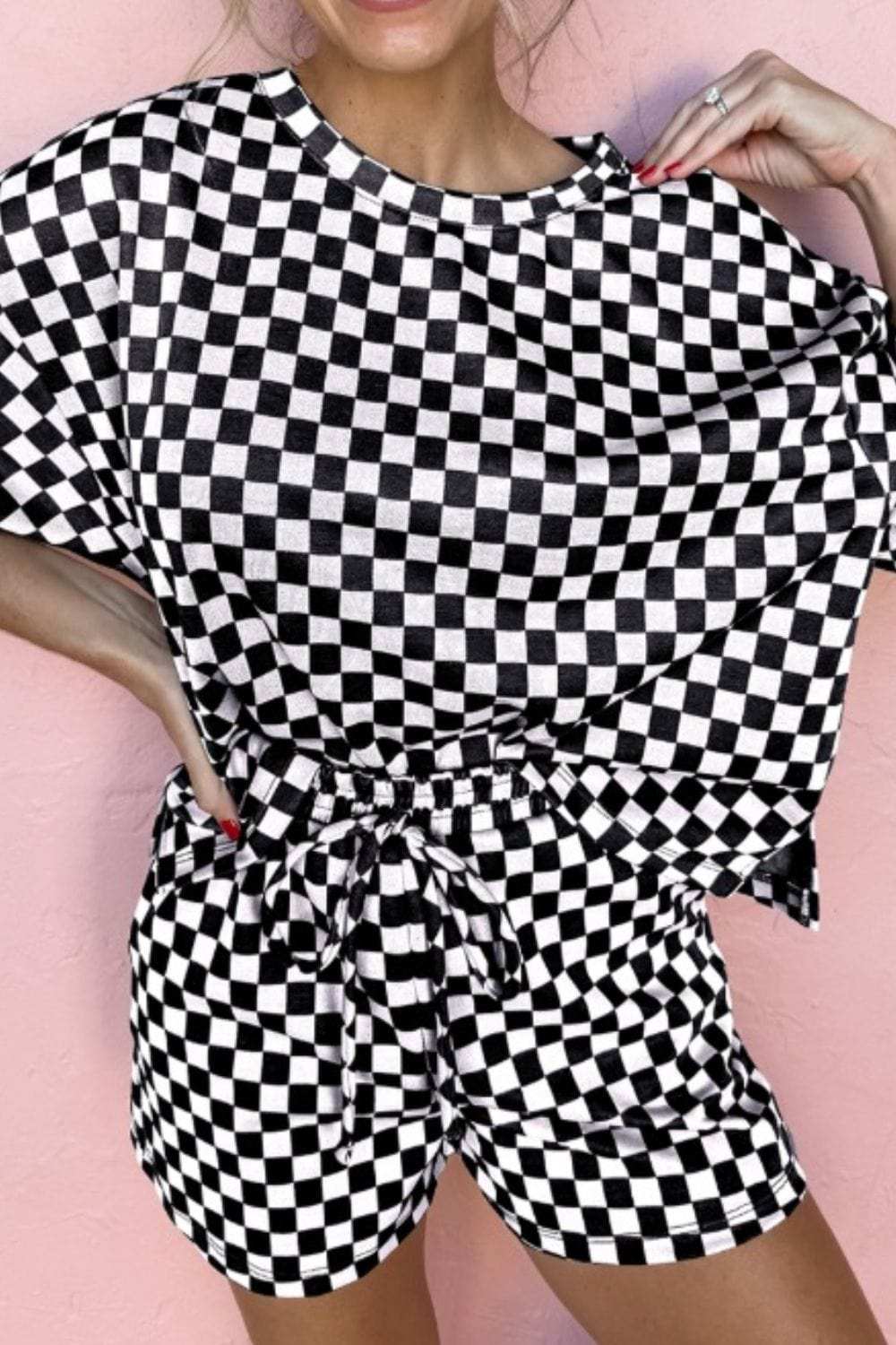 Checkered Round Neck Top and Shorts Set - Trendsi - Flyclothing LLC