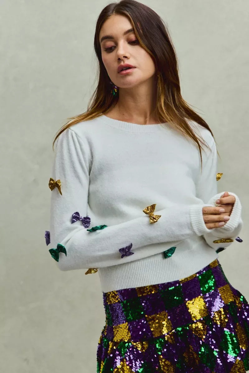 SO ME Mardi Gras Glitter Bow Ribbon Sweater Knit Top - Trendsi - Flyclothing LLC