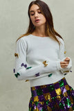 SO ME Mardi Gras Glitter Bow Ribbon Sweater Knit Top - Trendsi - Flyclothing LLC