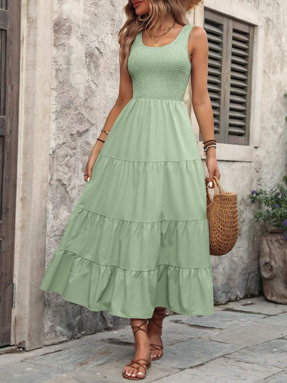 Smocked Scoop Neck Sleeveless Tank Dress - Trendsi - Flyclothing LLC