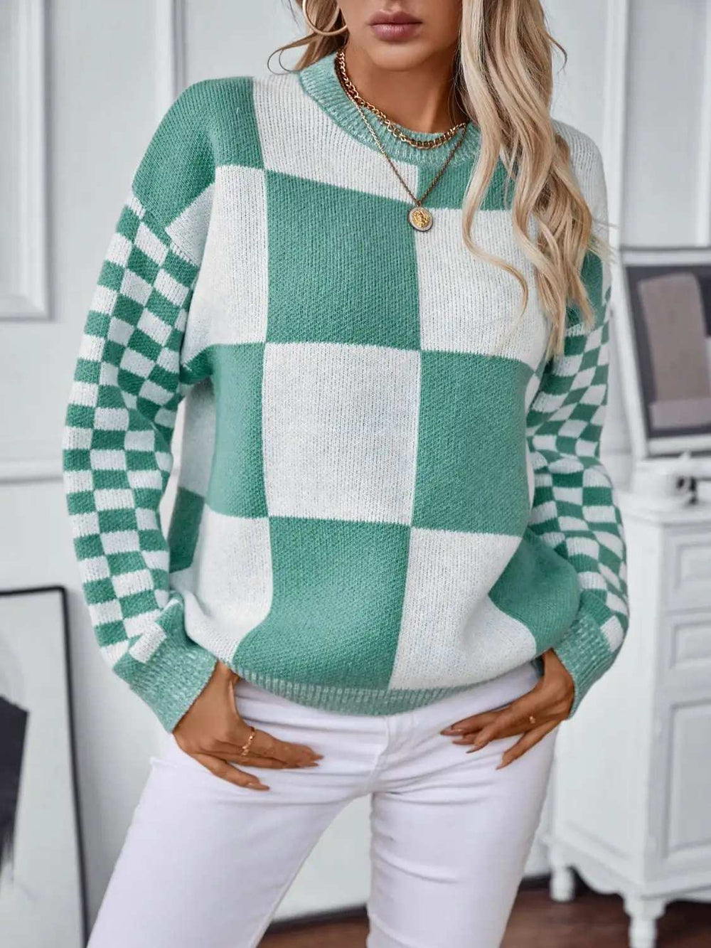 Color Block Round Neck Long Sleeve Sweater - Trendsi - Flyclothing LLC