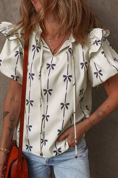 Bow Print Tie Neck Short Sleeve Blouse - Trendsi - Flyclothing LLC