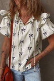 Bow Print Tie Neck Short Sleeve Blouse - Trendsi - Flyclothing LLC