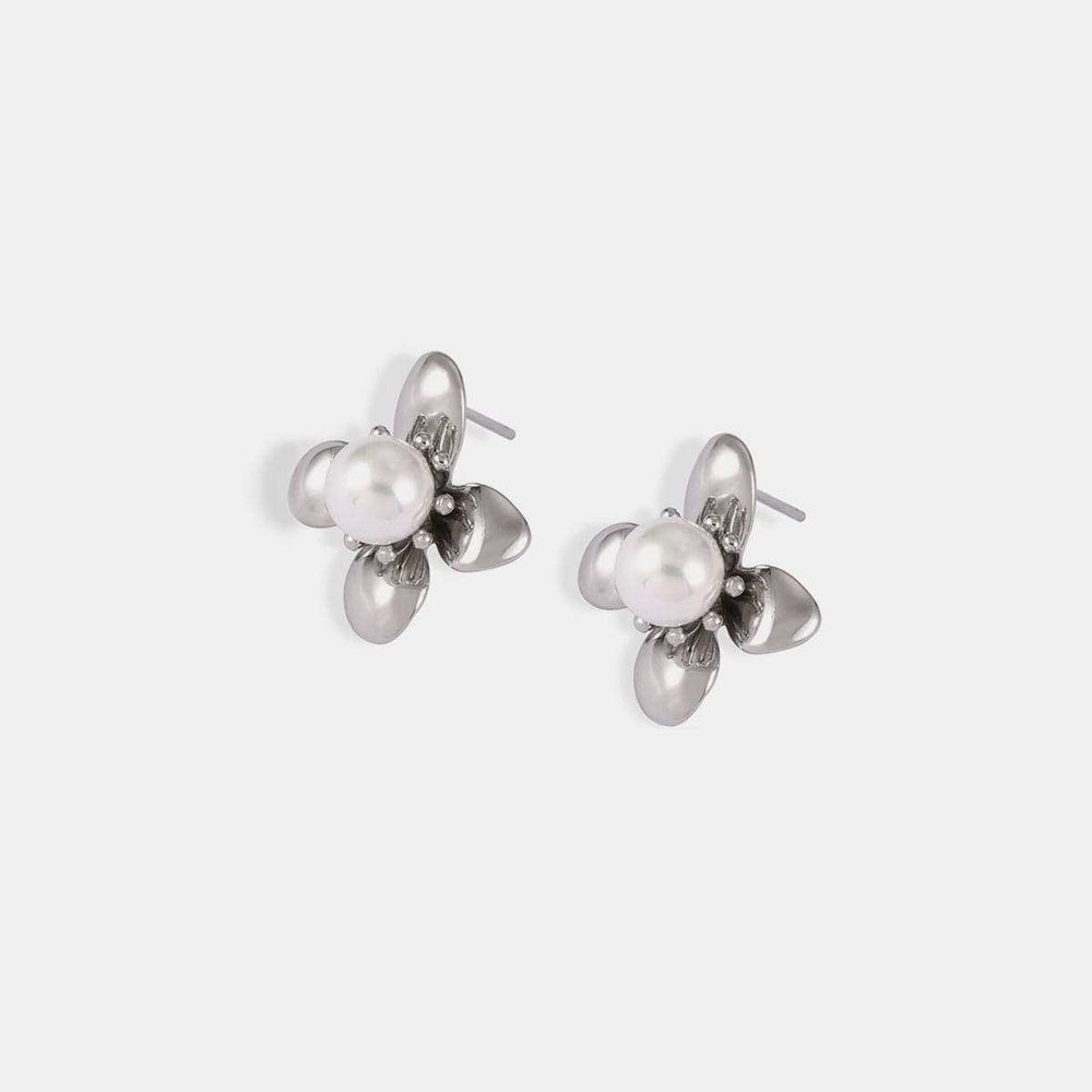 Synthetic Pearl Titanium Steel Flower Earrings - Trendsi - Flyclothing LLC