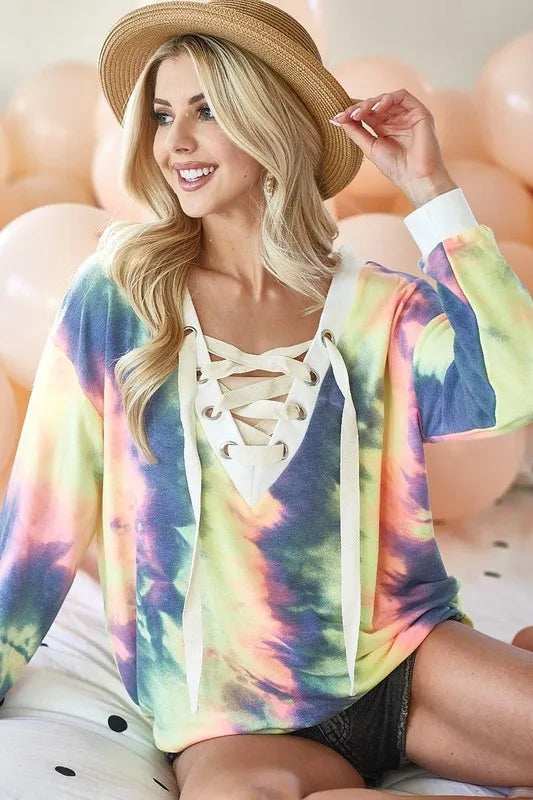 BiBi Tie Dye Deep V-Neck Top with Lace Up Front - Trendsi - Flyclothing LLC