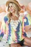 BiBi Tie Dye Deep V-Neck Top with Lace Up Front - Trendsi - Flyclothing LLC
