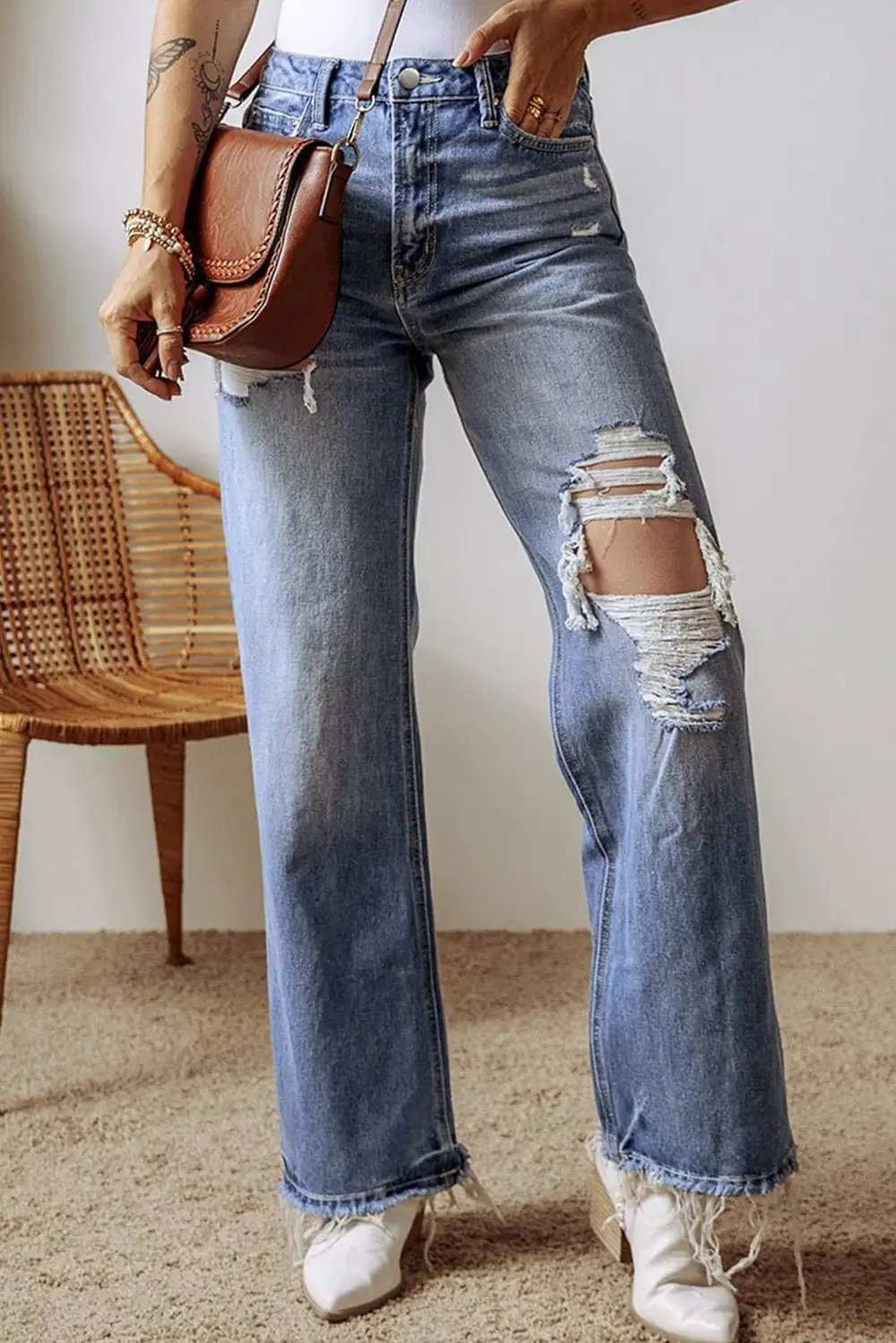 Distressed Straight Leg Jeans with Pockets - Trendsi - Flyclothing LLC