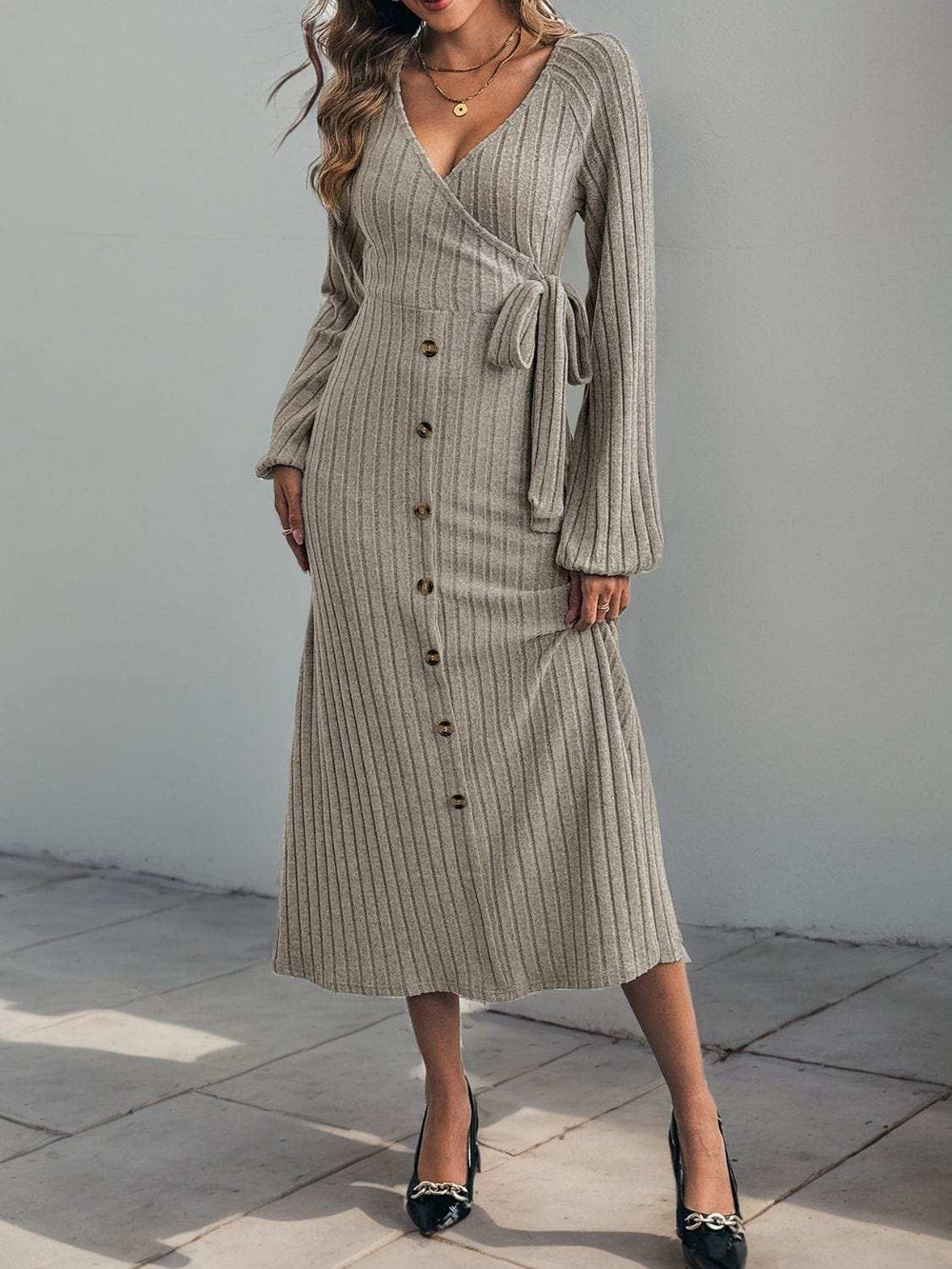 Perfee Ribbed Tied Surplice Long Sleeve Dress - Trendsi - Flyclothing LLC