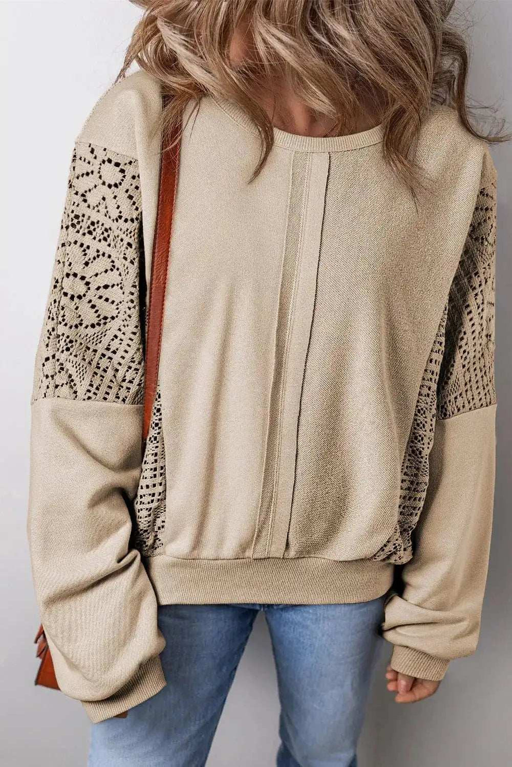 Openwork Round Neck Long Sleeve Sweatshirt - Trendsi - Flyclothing LLC