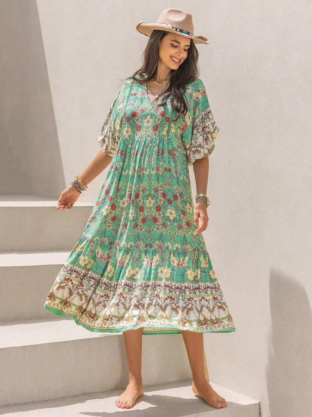 Ruched Printed Puff Sleeve Midi Dress - Trendsi - Flyclothing LLC
