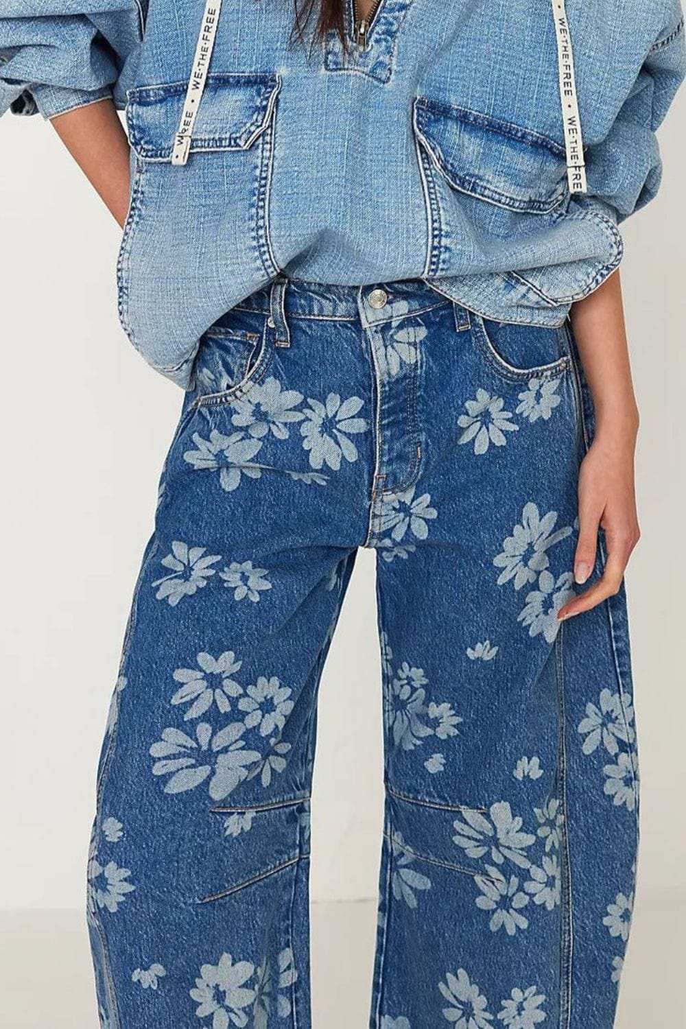 Flower Print Wide Leg Jeans - Trendsi - Flyclothing LLC