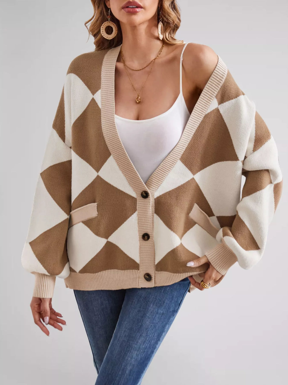 Diamond Pattern Button-Up Knit Cardigan - Trendsi - Flyclothing LLC
