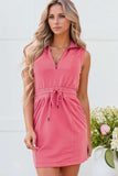 French Terry Zipped Collar Sleeveless Drawstring Waist Mini Dress - Trendsi - Flyclothing LLC