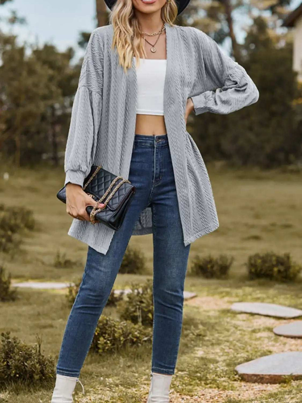 Textured Open Front Dropped Shoulder Cardigan - Trendsi - Flyclothing LLC