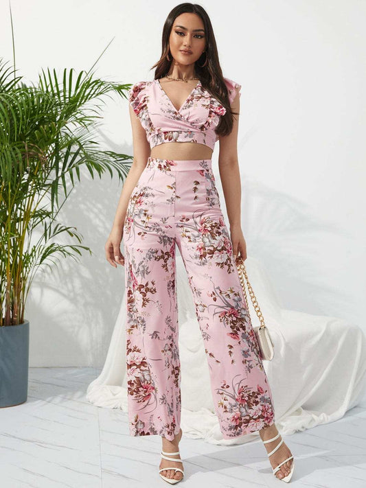 Printed Surplice Cap Sleeve Top and Pants Set - Trendsi - Flyclothing LLC