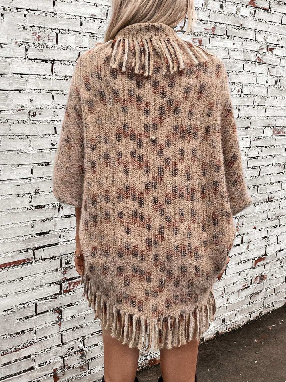 Fringe Open Front Half Sleeve Poncho - Trendsi - Flyclothing LLC
