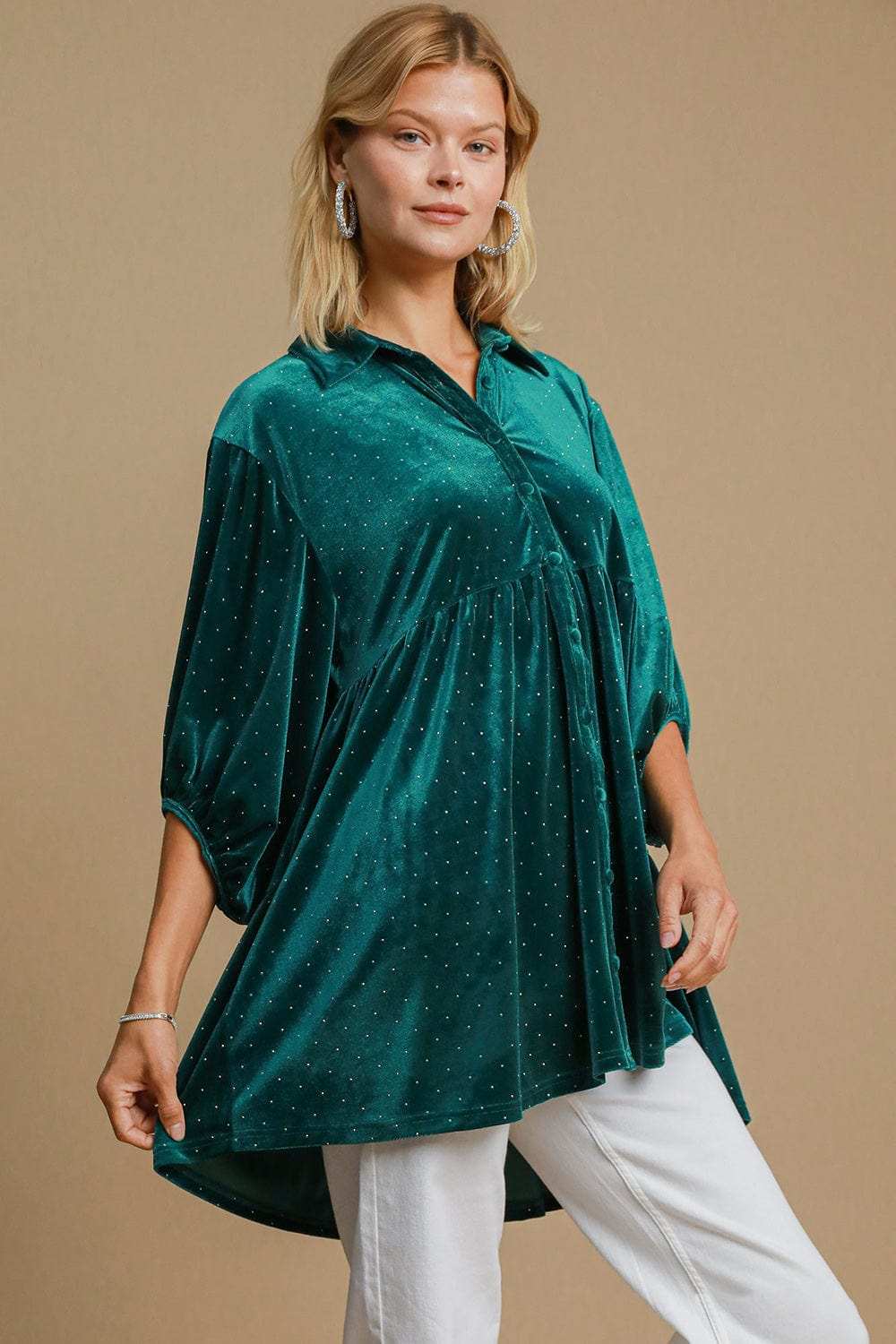 Umgee Full Size Polka Dot Collared Neck Button Up Shirt - Trendsi - Flyclothing LLC