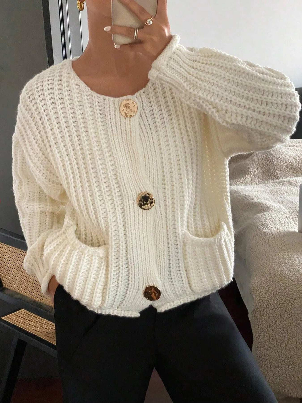 Button-Front Knit Cardigan with Pockets - Trendsi - Flyclothing LLC