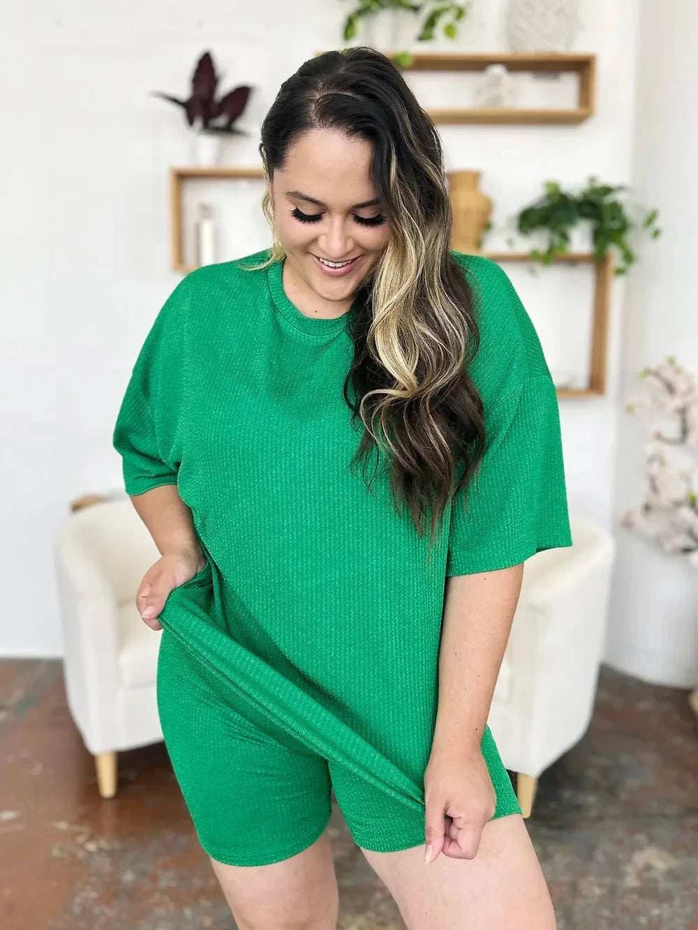 Double Take Full Size Texture Round Neck Drop Shoulder T-Shirt and Shorts Set - Trendsi - Flyclothing LLC