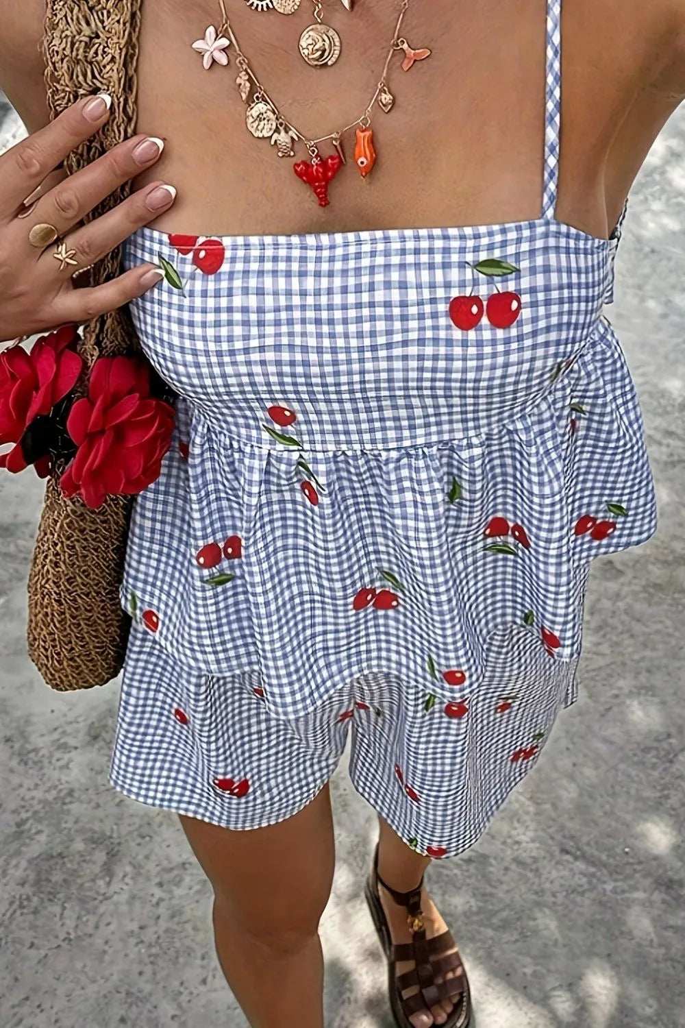 Floral Gingham Print Cami and Shorts Two-Piece Set - Trendsi - Flyclothing LLC