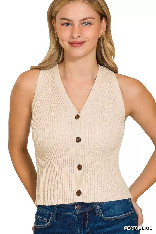 Zenana Ribbed Knit Button-Down Sweater Vest - Trendsi - Flyclothing LLC