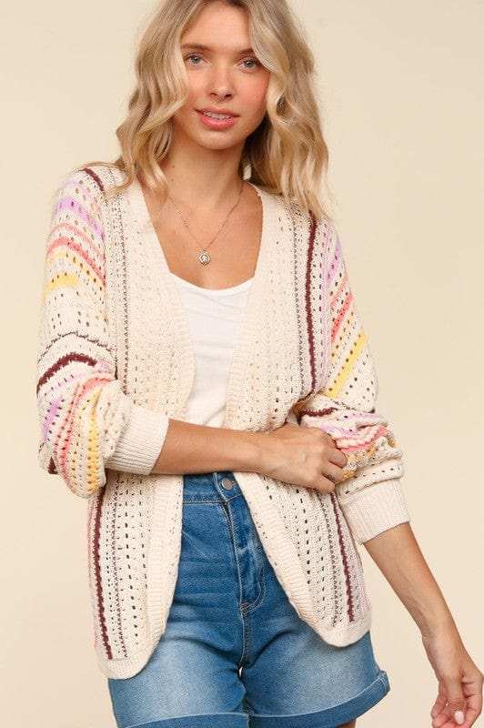 Haptics Full Size Striped Crochet Open Front Cardigan - Trendsi - Flyclothing LLC