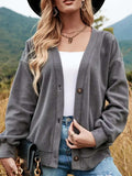 Shiny Button Down V-Neck Dropped Shoulder Jacket - Trendsi - Flyclothing LLC