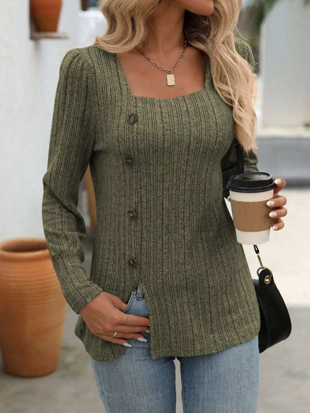 Decorative Button Striped Square Neck Long Sleeve T-Shirt - Trendsi - Flyclothing LLC