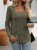 Decorative Button Striped Square Neck Long Sleeve T-Shirt - Trendsi - Flyclothing LLC
