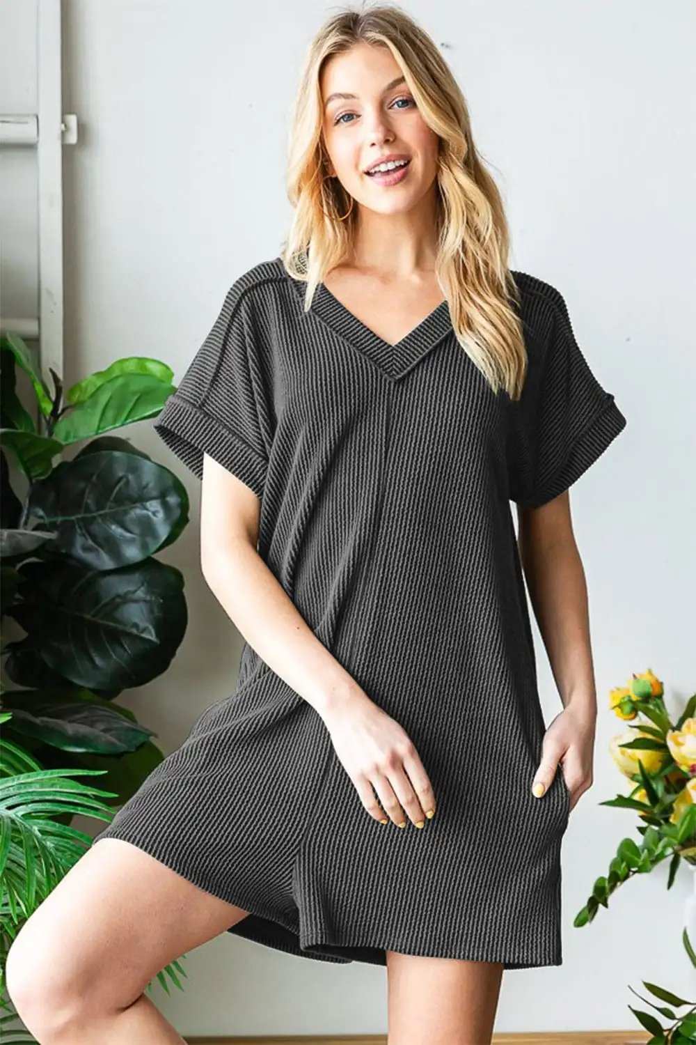 Heimish Full Size Short Sleeve Ribbed Romper with Pockets - Trendsi - Flyclothing LLC