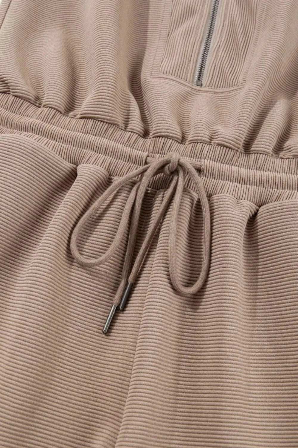 Textured Short Sleeve Half Zip Drawstring Waist Romper - Trendsi - Flyclothing LLC