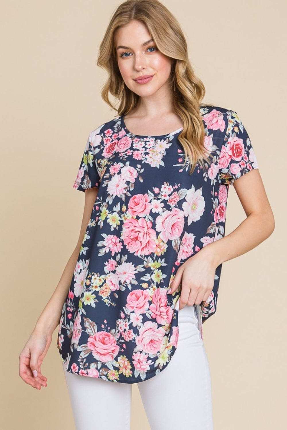 BOMBOM Floral Round Neck Short Sleeve T-Shirt - Trendsi - Flyclothing LLC