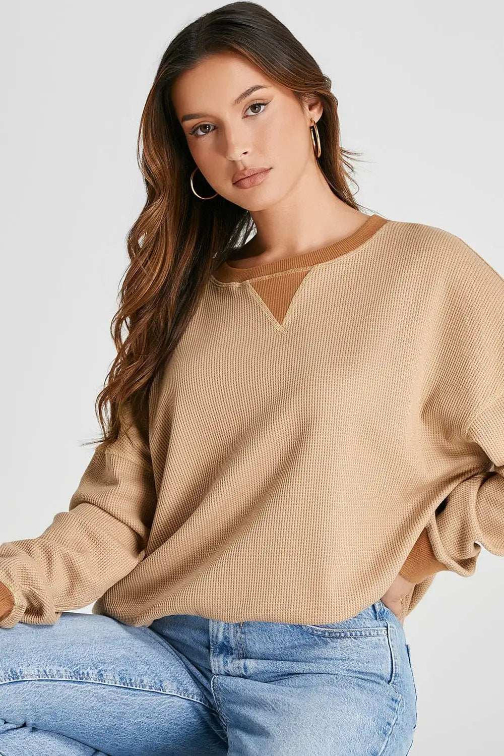 Waffle-Knit Long Sleeve Sweatshirt - Trendsi - Flyclothing LLC