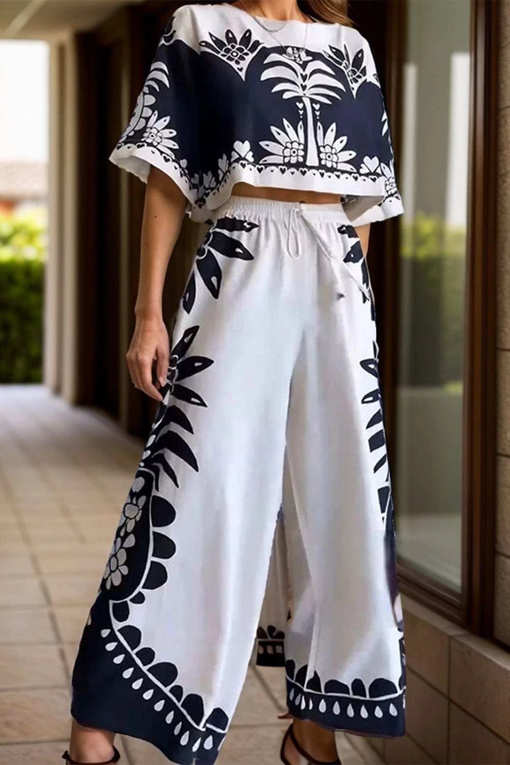 Printed Half Sleeve Top and Wide Leg Pants Set - Trendsi - Flyclothing LLC